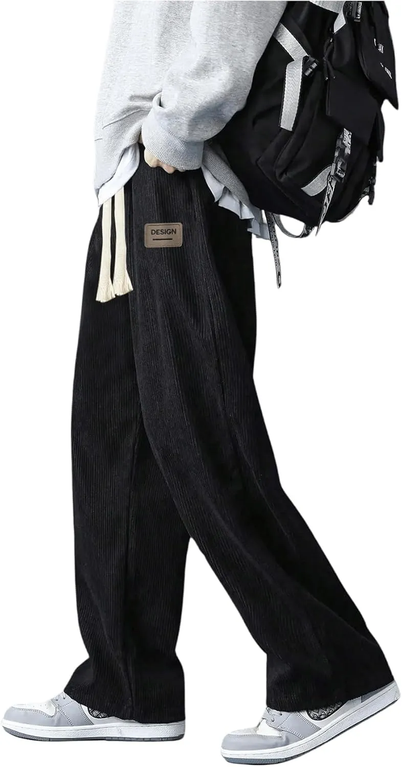 Men's Baggy Pants Tie Front Drawstring Waist Corduroy Pants Casual Loose Straight Leg Pants Trousers