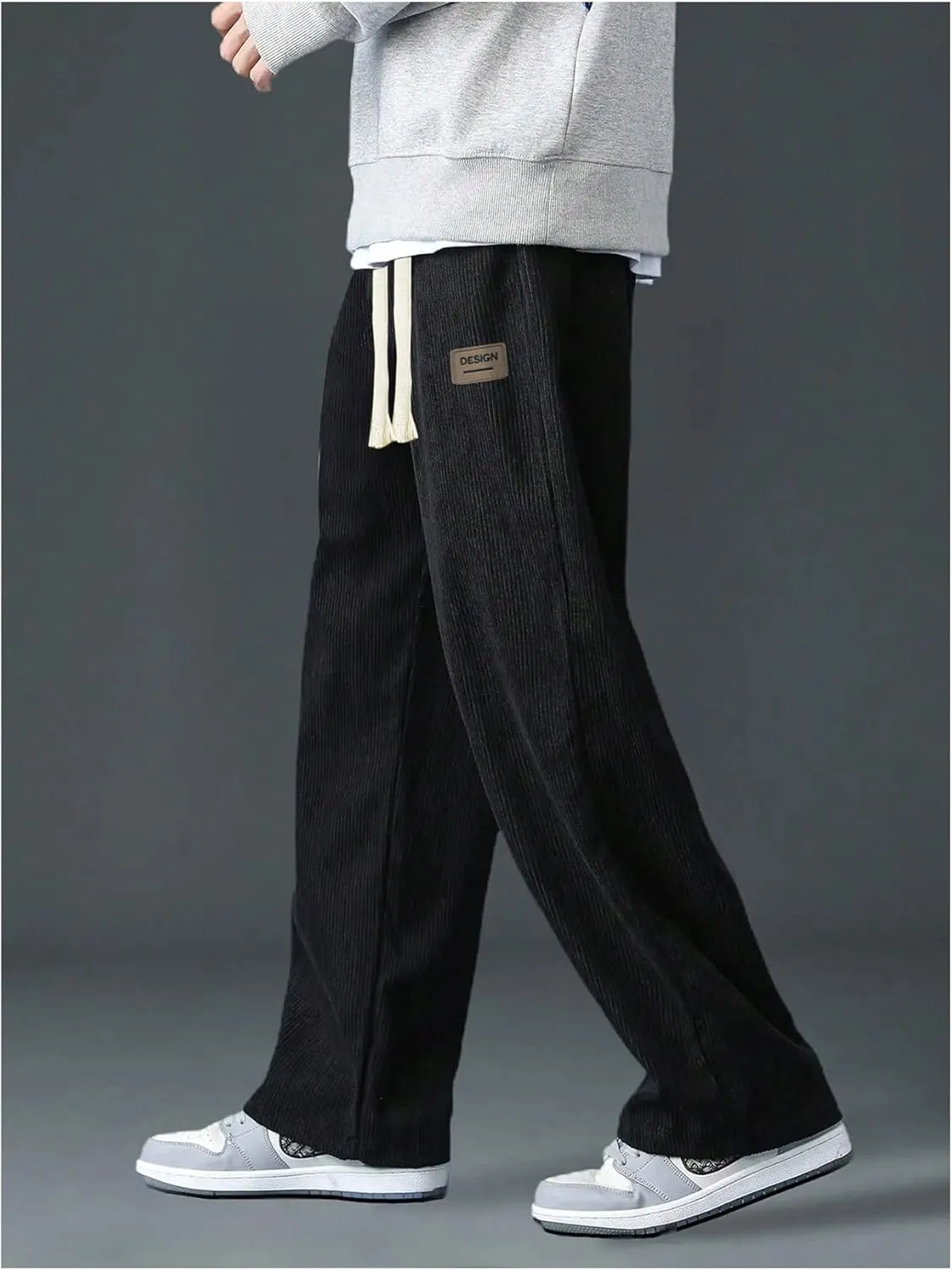 Men's Baggy Pants Tie Front Drawstring Waist Corduroy Pants Casual Loose Straight Leg Pants Trousers