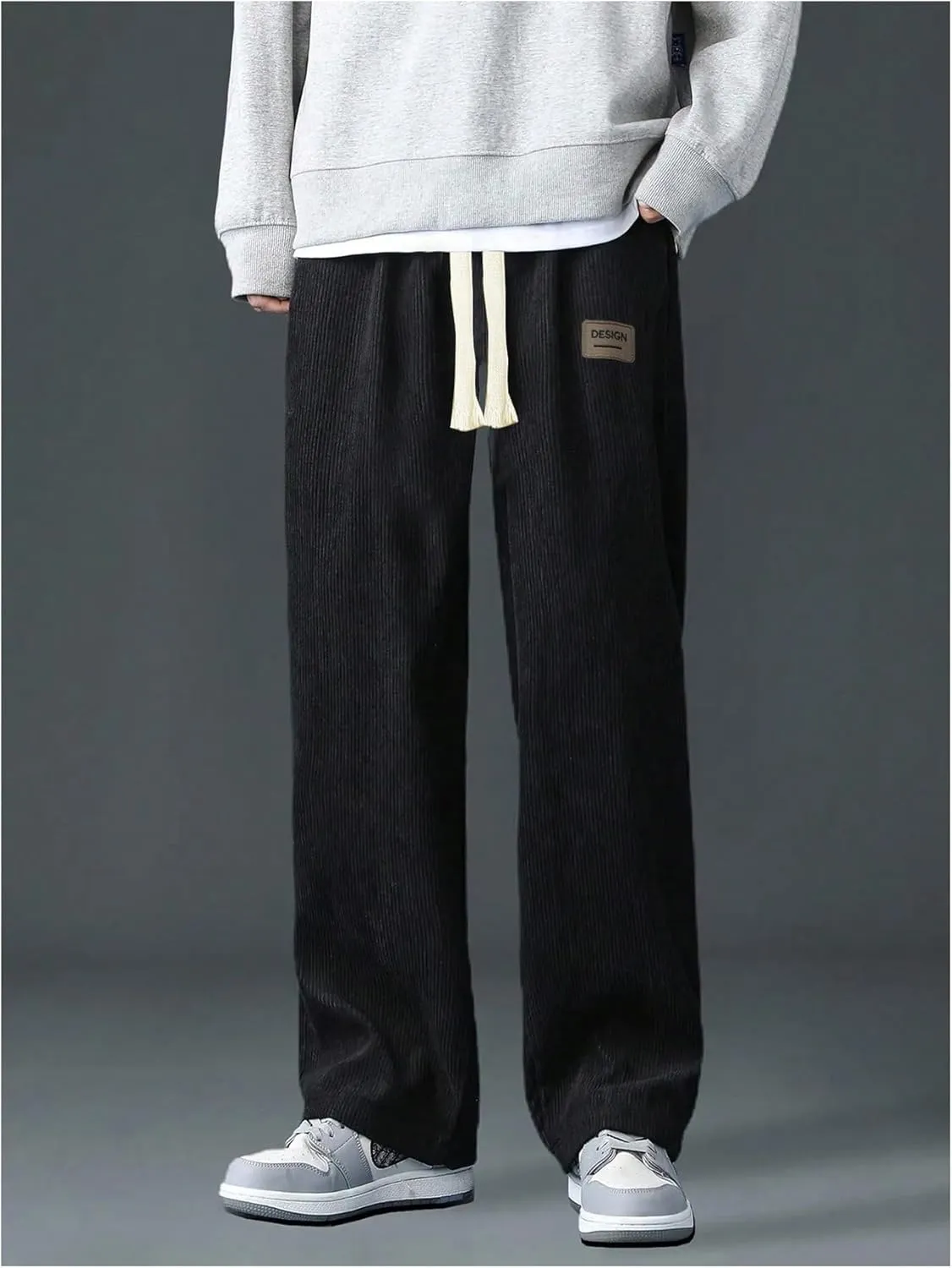Men's Baggy Pants Tie Front Drawstring Waist Corduroy Pants Casual Loose Straight Leg Pants Trousers