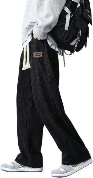 Men's Baggy Pants Tie Front Drawstring Waist Corduroy Pants Casual Loose Straight Leg Pants Trousers