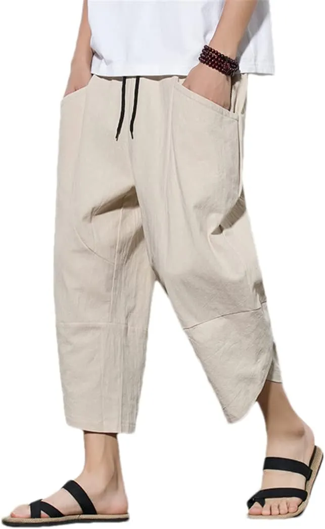 Men's China Style Cotton Harem Short Pants Streetwear Jogging Beach Shorts Casual Trousers
