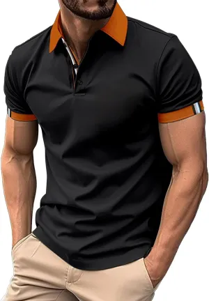 Men's Classic Polo Shirt, Color Block Short Sleeve, Lightweight Slim Fit Casual Tops Jersey Performance Polo Shirt