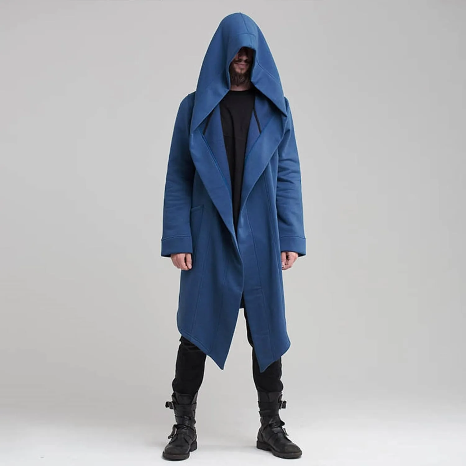 Mens Draped Cardigans Long Sleeve Hoodie Long Shawl Ruffle Hooded Sweater Dark Style Solid Color Jacket Fashion Coat