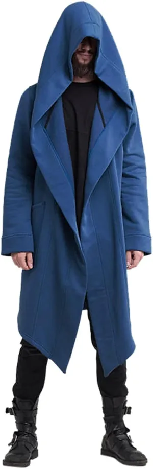 Mens Draped Cardigans Long Sleeve Hoodie Long Shawl Ruffle Hooded Sweater Dark Style Solid Color Jacket Fashion Coat