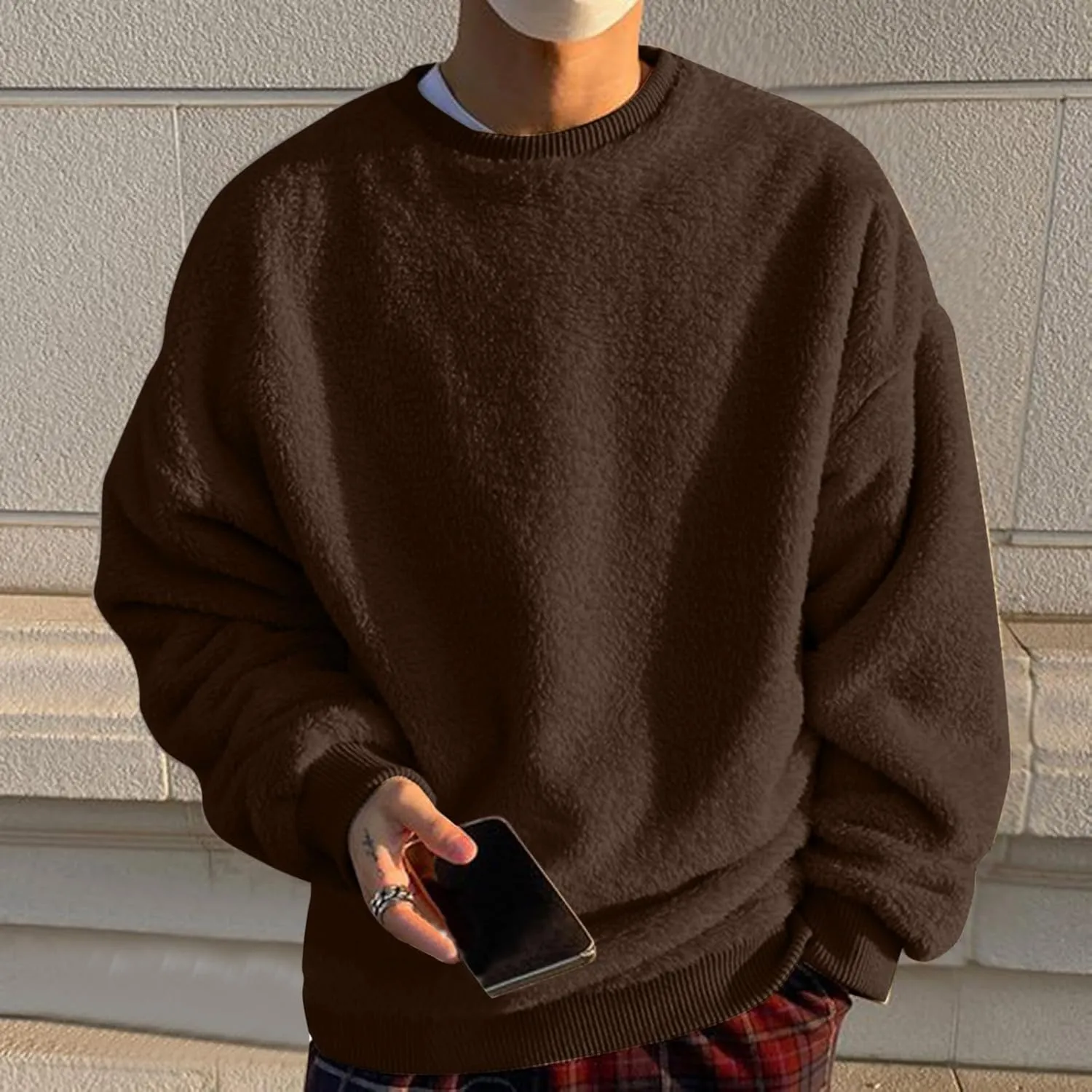 Mens Fuzzy Sherpa Sweatshirt Winter Fall Fleece Pullover Crewneck Solid Color Sweatshirts Loose Fit Plus Size Shirts