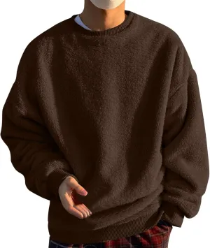 Mens Fuzzy Sherpa Sweatshirt Winter Fall Fleece Pullover Crewneck Solid Color Sweatshirts Loose Fit Plus Size Shirts
