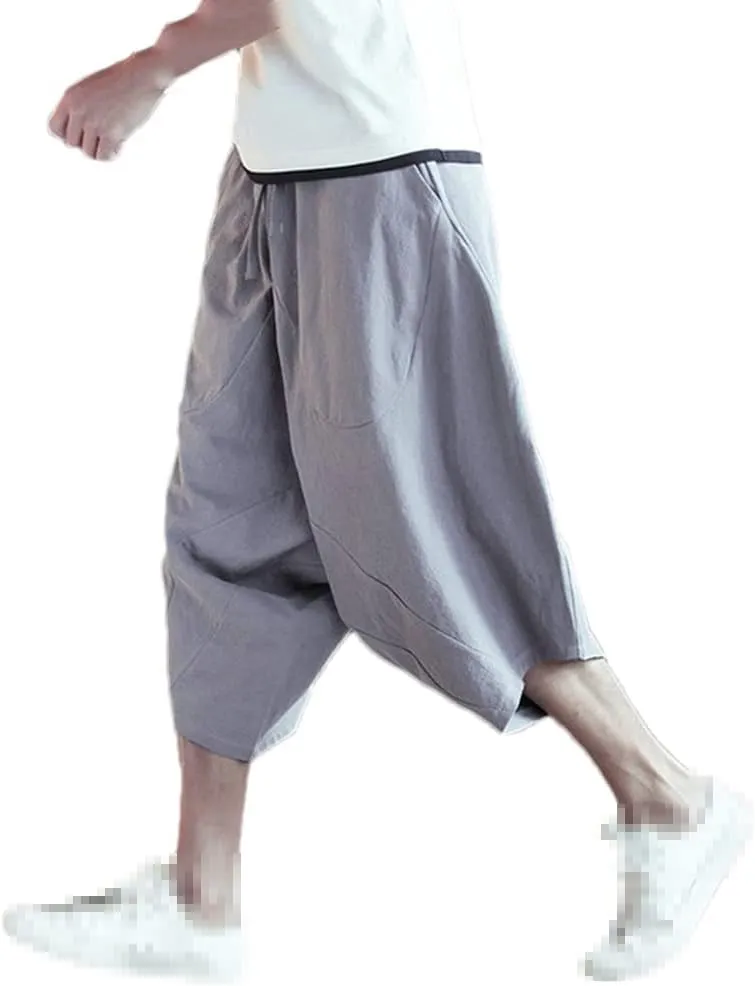 Men's Harajuku Harem Pants Summer Cotton Linen Joggers Pants Vintage Korean Style Sweatpants
