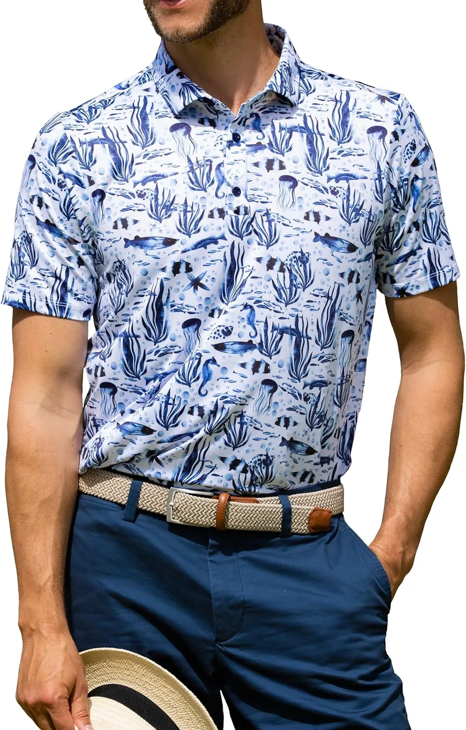 Mens Moisture Wicking Regular Fit Quick Dry Performance Golf Polo Short Sleeve Shirt (US, Alpha, Large, Regular, Regular, SEA_Life_White)
