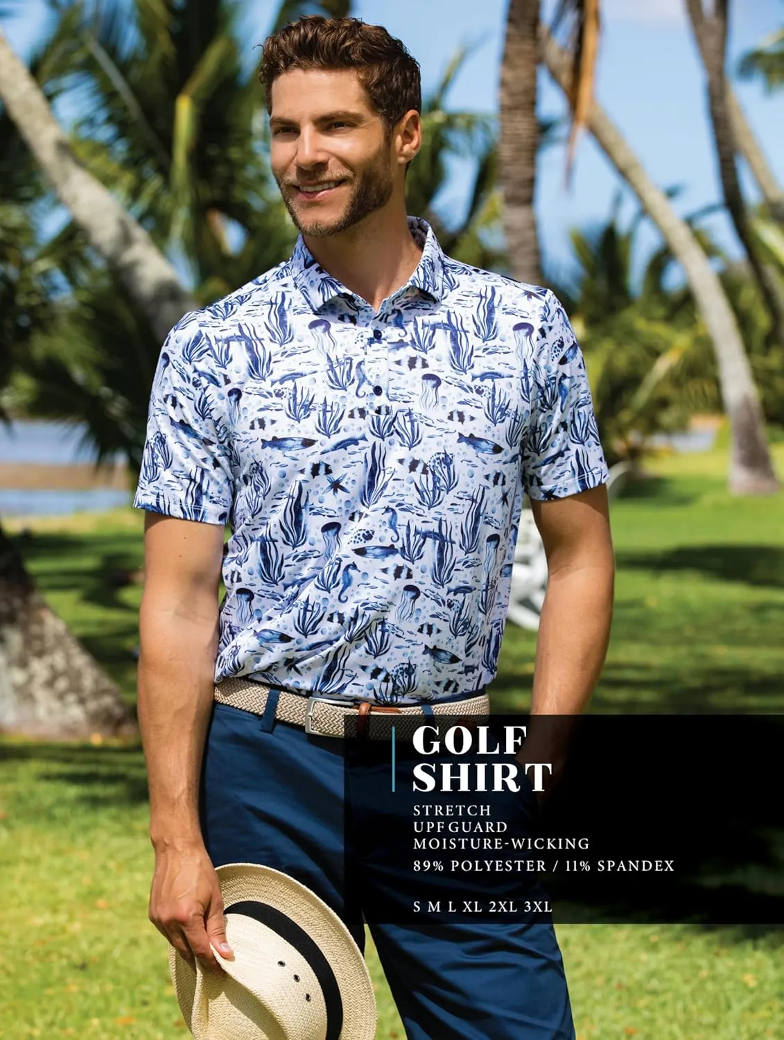 Mens Moisture Wicking Regular Fit Quick Dry Performance Golf Polo Short Sleeve Shirt (US, Alpha, Large, Regular, Regular, SEA_Life_White)
