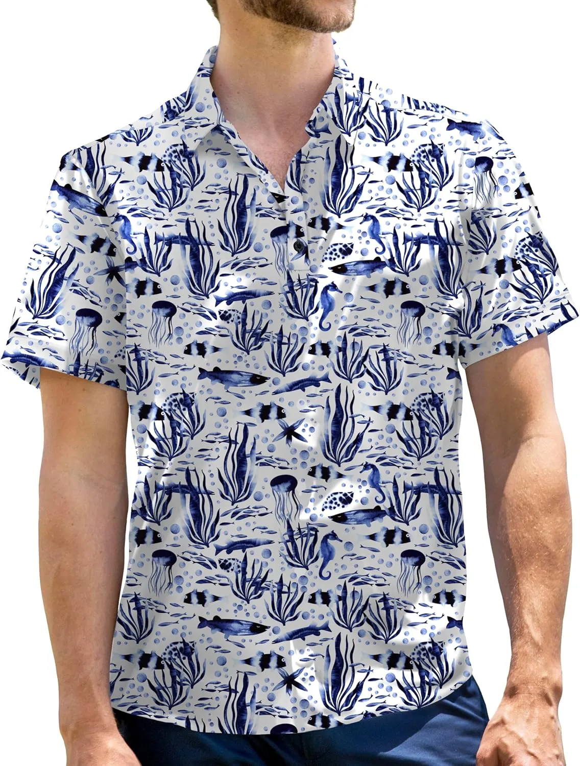 Mens Moisture Wicking Regular Fit Quick Dry Performance Golf Polo Short Sleeve Shirt (US, Alpha, Large, Regular, Regular, SEA_Life_White)