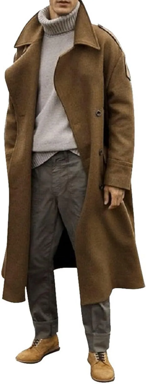 Men's Oversized Notched Lapel Long Faux Wool Blend Trench Coat Double Breasted Knee Length Business Winter Overcoats