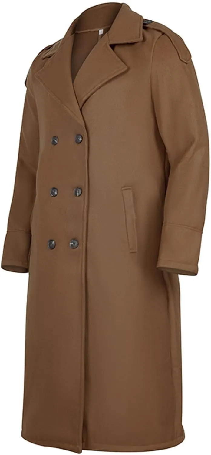 Men's Oversized Notched Lapel Long Faux Wool Blend Trench Coat Double Breasted Knee Length Business Winter Overcoats