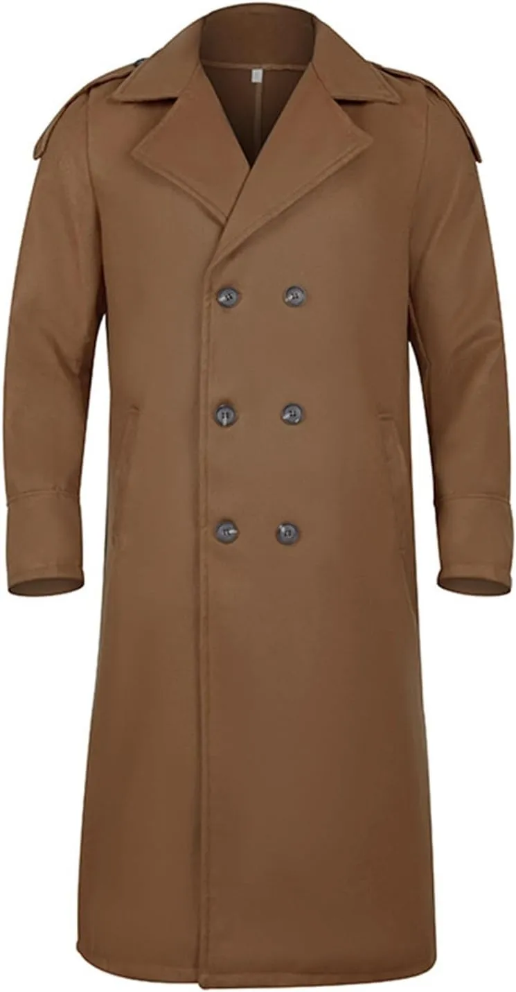 Men's Oversized Notched Lapel Long Faux Wool Blend Trench Coat Double Breasted Knee Length Business Winter Overcoats