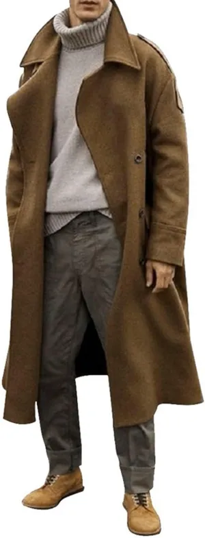 Men's Oversized Notched Lapel Long Faux Wool Blend Trench Coat Double Breasted Knee Length Business Winter Overcoats