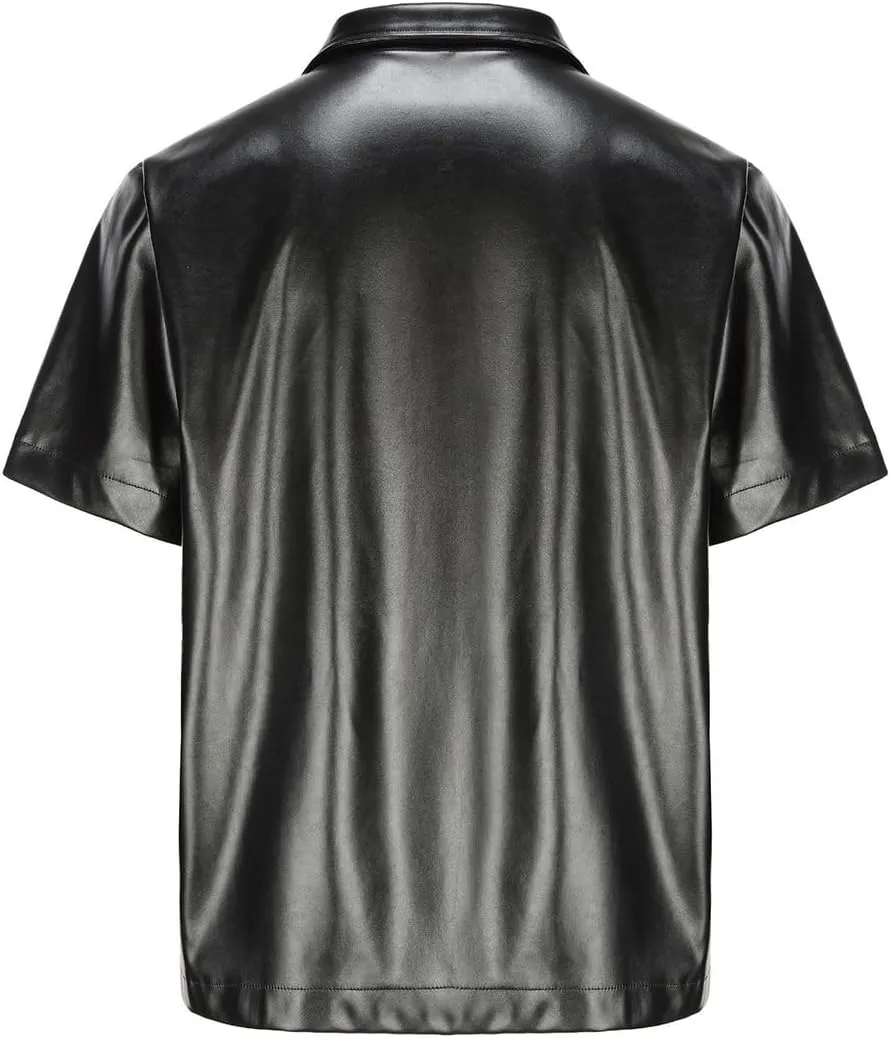 Men's Pu Leather Flap Pocket Lapel Short Sleeve Zipper Shirt Casual Oversized Jacket Tops