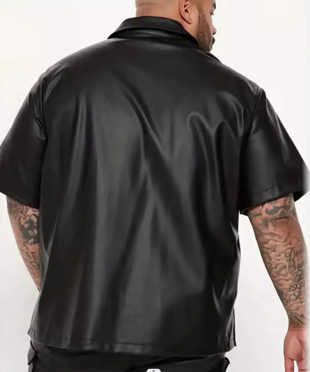 Men's Pu Leather Flap Pocket Lapel Short Sleeve Zipper Shirt Casual Oversized Jacket Tops