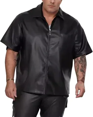Men's Pu Leather Flap Pocket Lapel Short Sleeve Zipper Shirt Casual Oversized Jacket Tops
