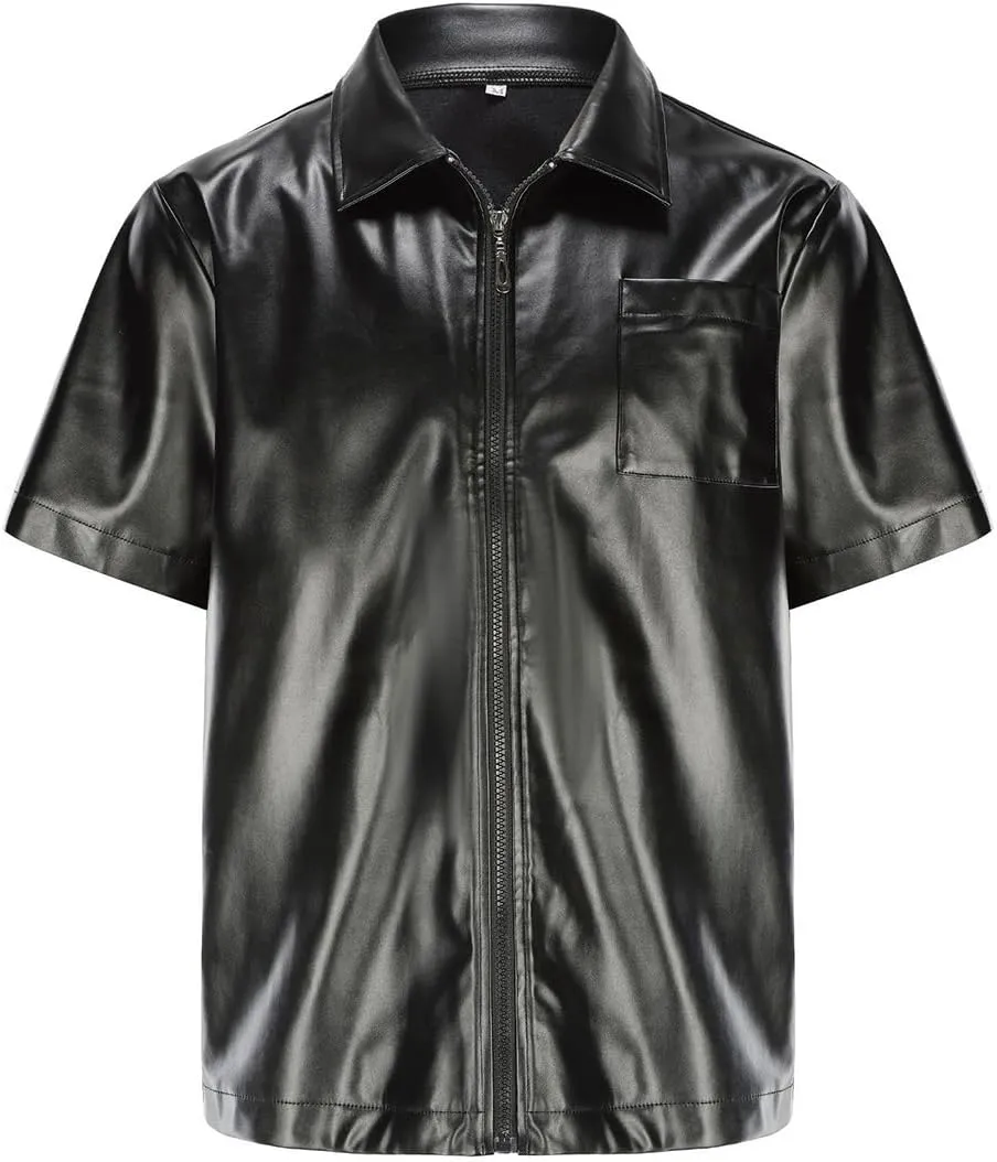Men's Pu Leather Flap Pocket Lapel Short Sleeve Zipper Shirt Casual Oversized Jacket Tops