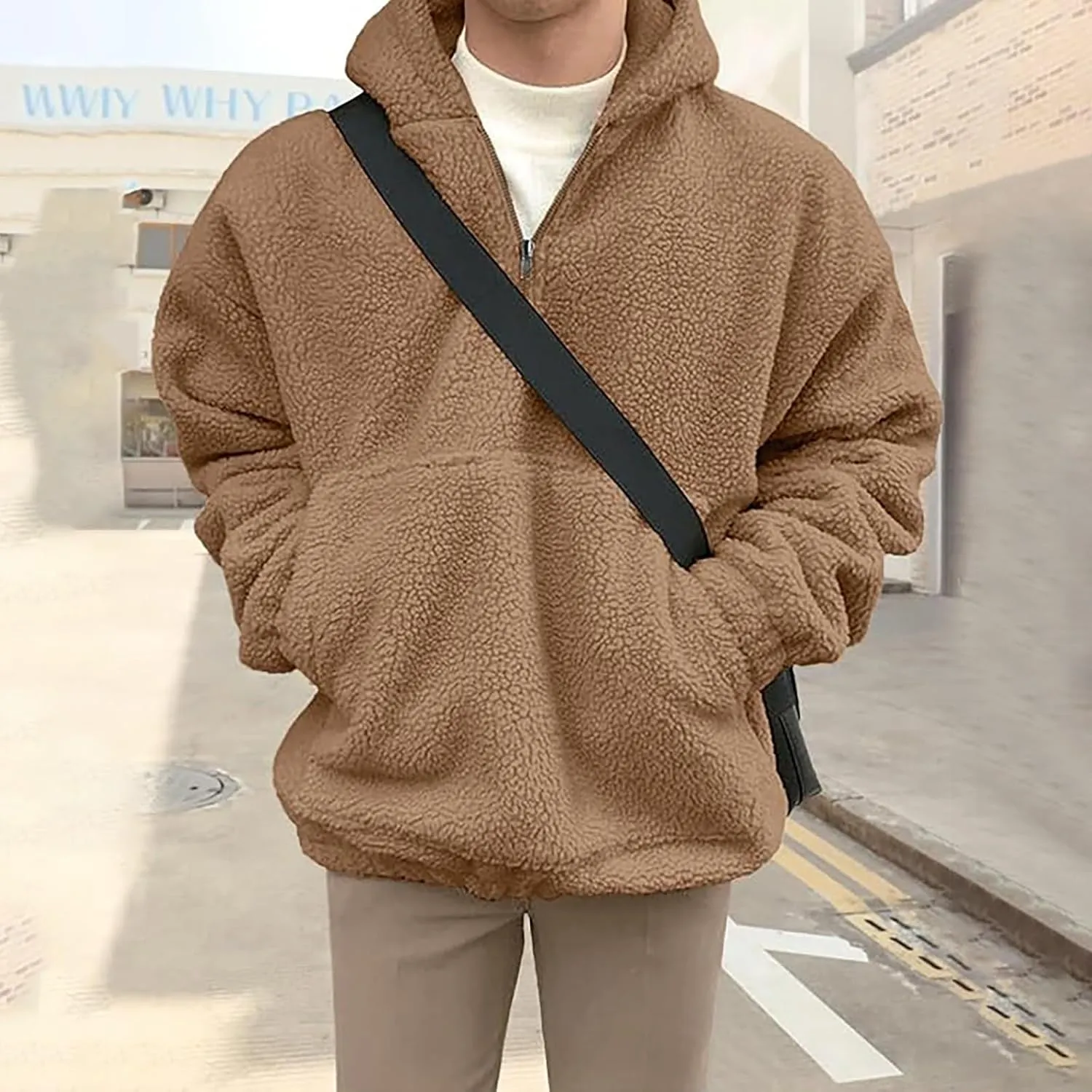 Mens Sherpa Fuzzy Pullover Hoodie Sweatshirts 1/4 Zip Up Oversized Outwear Top Long Sleeve Fleece Jacket With Pockets