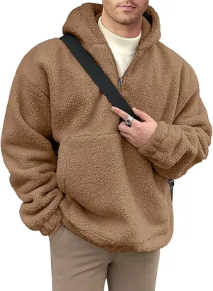 Mens Sherpa Fuzzy Pullover Hoodie Sweatshirts 1/4 Zip Up Oversized Outwear Top Long Sleeve Fleece Jacket With Pockets
