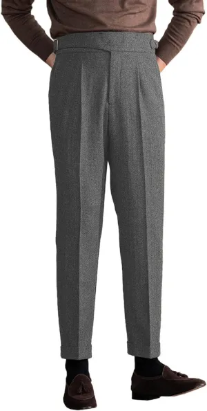 Men's Vintage Pants Tweed Herringbone Knit Pleated Pants Casual Business Suit Trousers