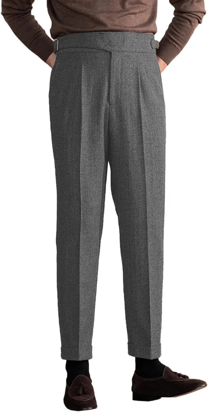 Men's Vintage Pants Tweed Herringbone Knit Pleated Pants Casual Business Suit Trousers