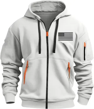 Men's Zipper USA Flag Print Hoodie Graphic Long Sleeve Drawstring Shirts Oversized Patriotic Sweatshirts with Pockets