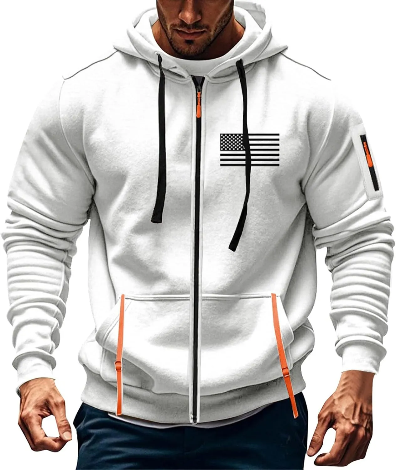 Men's Zipper USA Flag Print Hoodie Graphic Long Sleeve Drawstring Shirts Oversized Patriotic Sweatshirts with Pockets