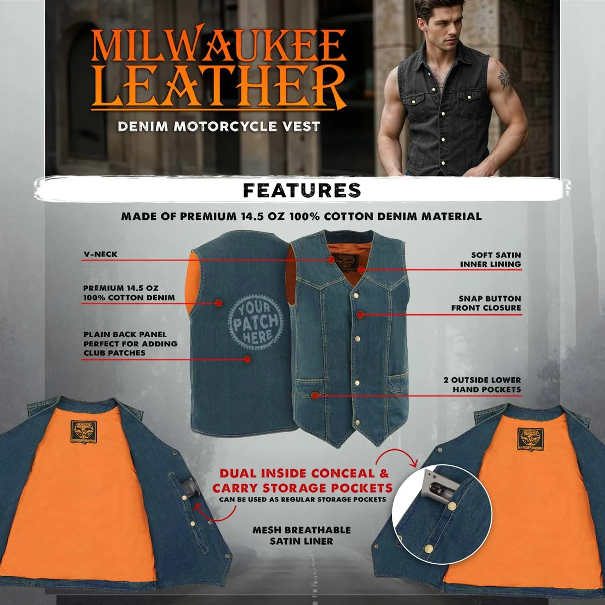 Milwaukee Leather DM1310 Men's Classic Blue Denim Western Style Cowboy