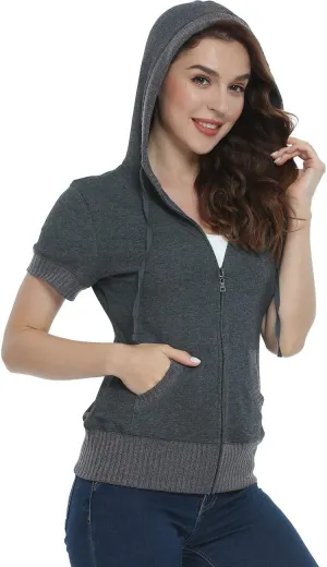 MISS MOLY Women's Short Sleeve Hoodie Full Zip Up Cotton Slim Fit Sweatshirt with Pocket