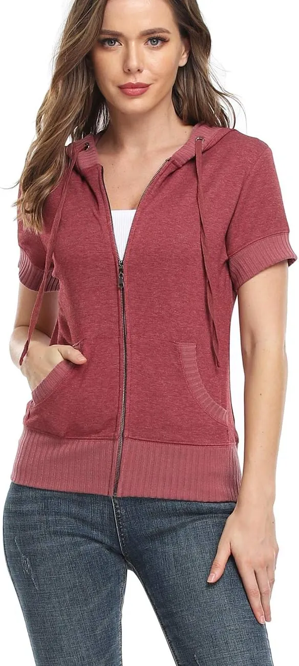 MISS MOLY Women's Short Sleeve Hoodie Full Zip Up Cotton Slim Fit Sweatshirt with Pocket