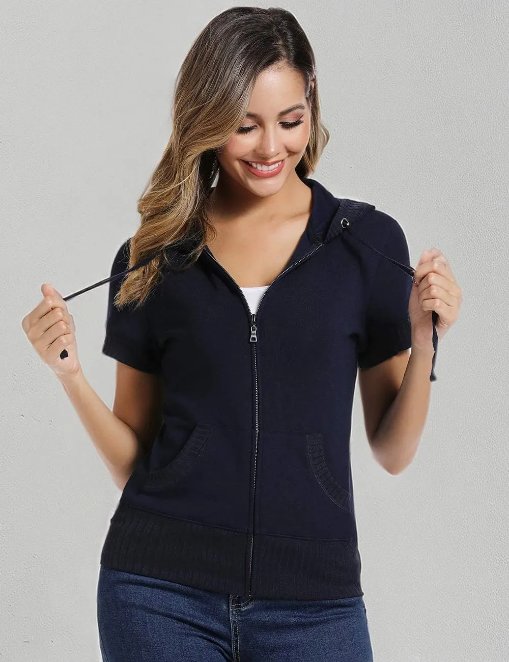 MISS MOLY Women's Short Sleeve Hoodie Full Zip Up Cotton Slim Fit Sweatshirt with Pocket