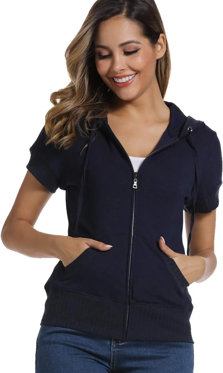 MISS MOLY Women's Short Sleeve Hoodie Full Zip Up Cotton Slim Fit Sweatshirt with Pocket