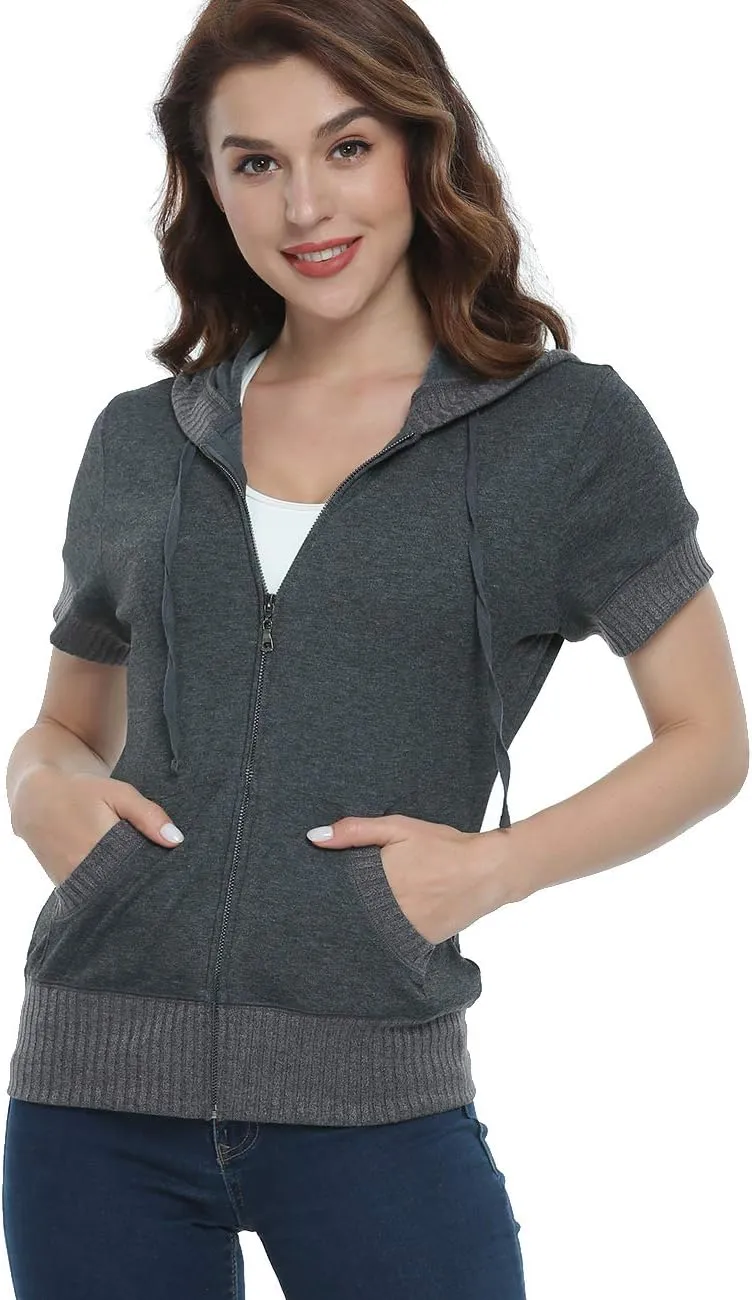 MISS MOLY Women's Short Sleeve Hoodie Full Zip Up Cotton Slim Fit Sweatshirt with Pocket
