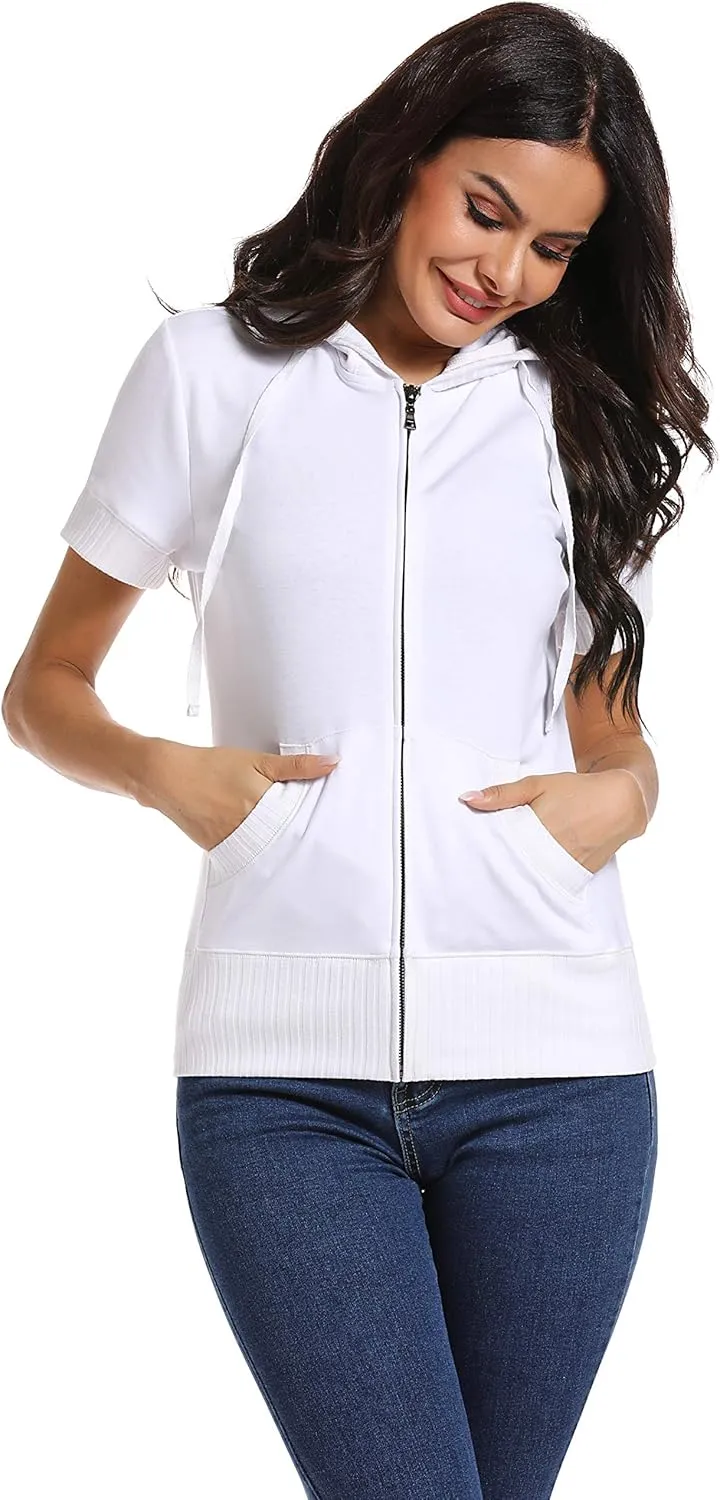 MISS MOLY Women's Short Sleeve Hoodie Full Zip Up Cotton Slim Fit Sweatshirt with Pocket