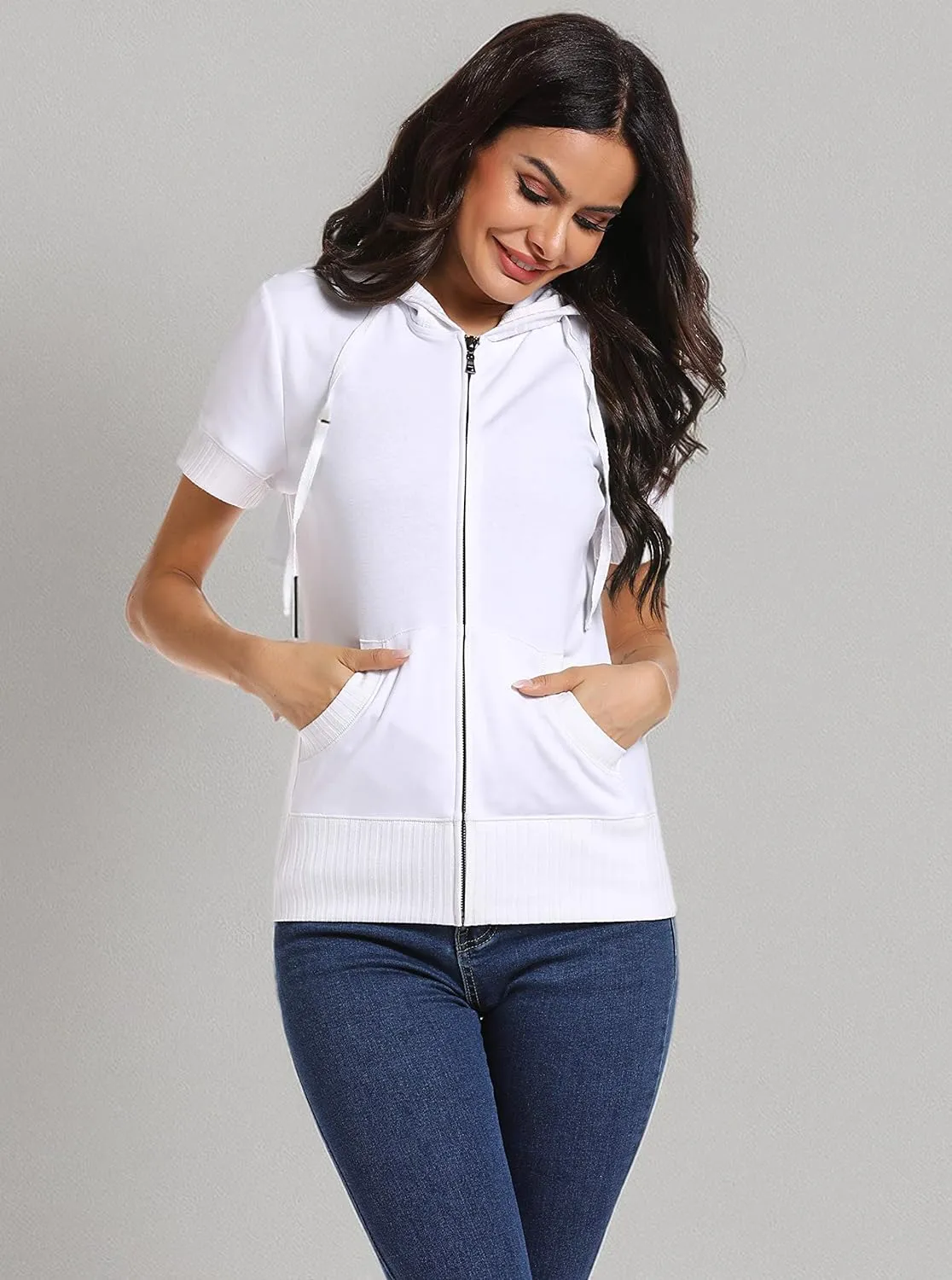 MISS MOLY Women's Short Sleeve Hoodie Full Zip Up Cotton Slim Fit Sweatshirt with Pocket