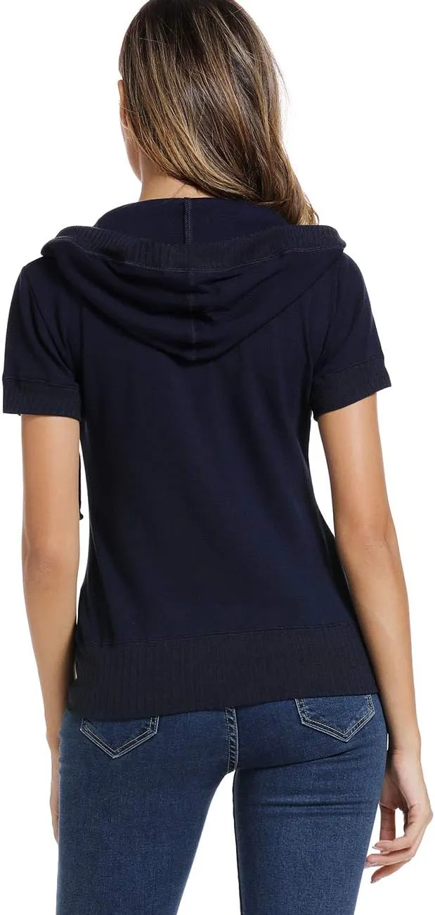 MISS MOLY Women's Short Sleeve Hoodie Full Zip Up Cotton Slim Fit Sweatshirt with Pocket