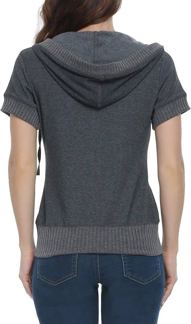 MISS MOLY Women's Short Sleeve Hoodie Full Zip Up Cotton Slim Fit Sweatshirt with Pocket