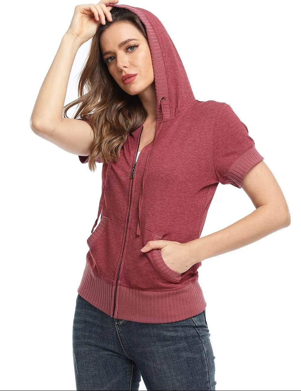 MISS MOLY Women's Short Sleeve Hoodie Full Zip Up Cotton Slim Fit Sweatshirt with Pocket