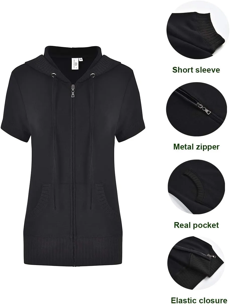 MISS MOLY Women's Short Sleeve Hoodie Full Zip Up Cotton Slim Fit Sweatshirt with Pocket