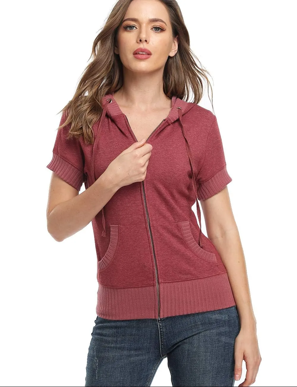 MISS MOLY Women's Short Sleeve Hoodie Full Zip Up Cotton Slim Fit Sweatshirt with Pocket