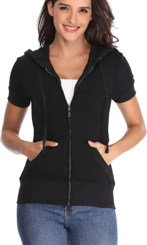 MISS MOLY Women's Short Sleeve Hoodie Full Zip Up Cotton Slim Fit Sweatshirt with Pocket