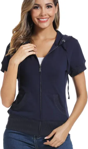 MISS MOLY Women's Short Sleeve Hoodie Full Zip Up Cotton Slim Fit Sweatshirt with Pocket