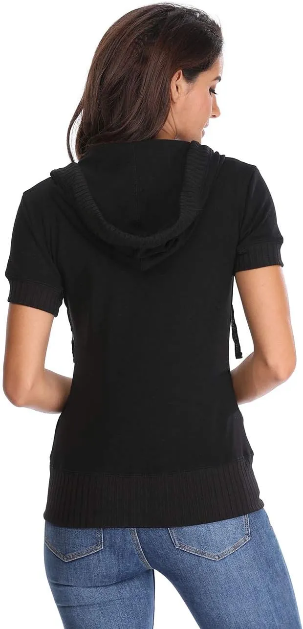 MISS MOLY Women's Short Sleeve Hoodie Full Zip Up Cotton Slim Fit Sweatshirt with Pocket
