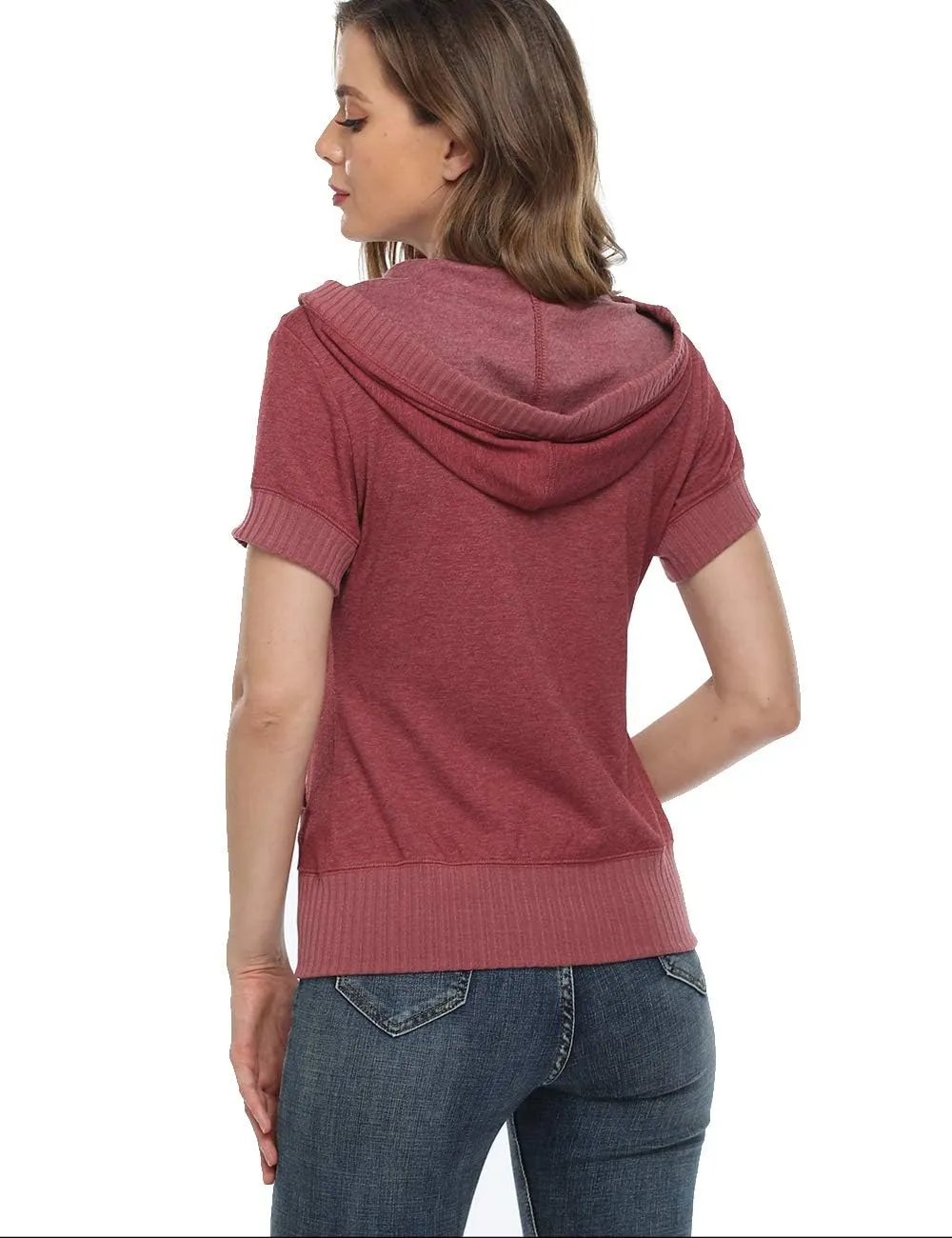 MISS MOLY Women's Short Sleeve Hoodie Full Zip Up Cotton Slim Fit Sweatshirt with Pocket