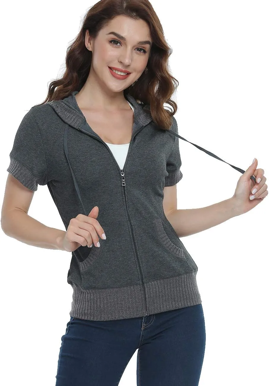 MISS MOLY Women's Short Sleeve Hoodie Full Zip Up Cotton Slim Fit Sweatshirt with Pocket