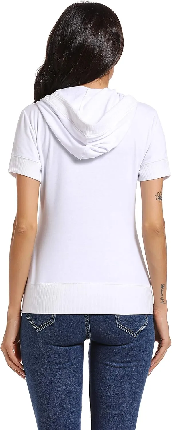 MISS MOLY Women's Short Sleeve Hoodie Full Zip Up Cotton Slim Fit Sweatshirt with Pocket