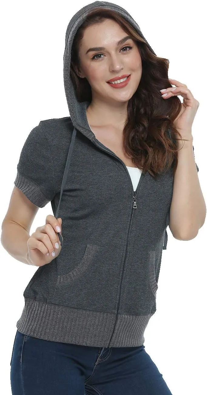MISS MOLY Women's Short Sleeve Hoodie Full Zip Up Cotton Slim Fit Sweatshirt with Pocket