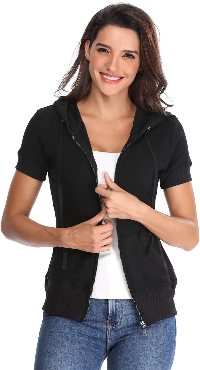 MISS MOLY Women's Short Sleeve Hoodie Full Zip Up Cotton Slim Fit Sweatshirt with Pocket