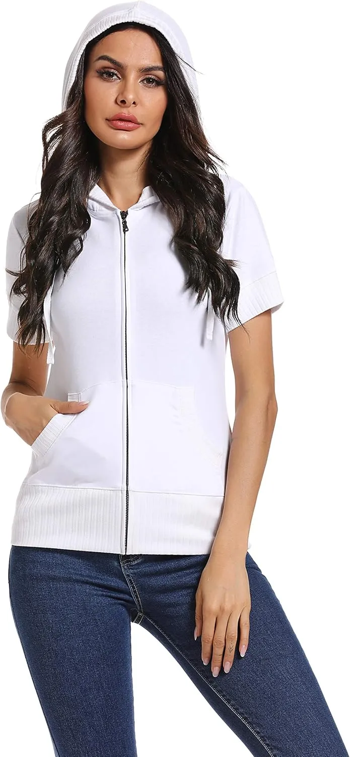 MISS MOLY Women's Short Sleeve Hoodie Full Zip Up Cotton Slim Fit Sweatshirt with Pocket